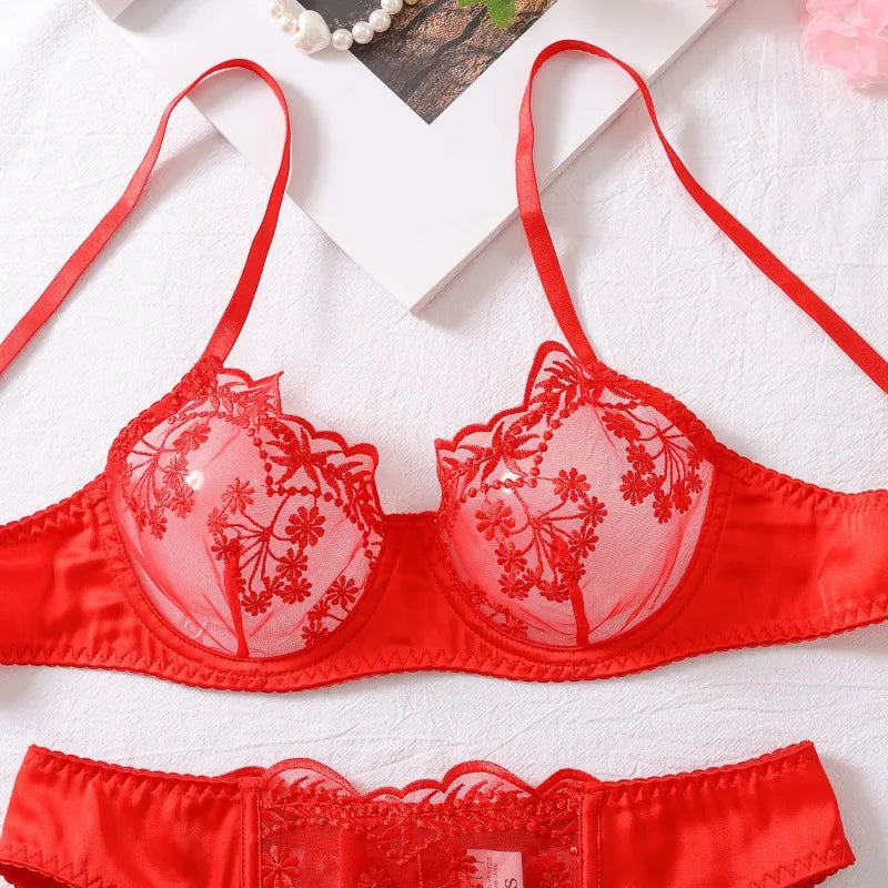 Casual Embroidered Patchwork Hard Garter Belt Lace Bra Four-Piece Set