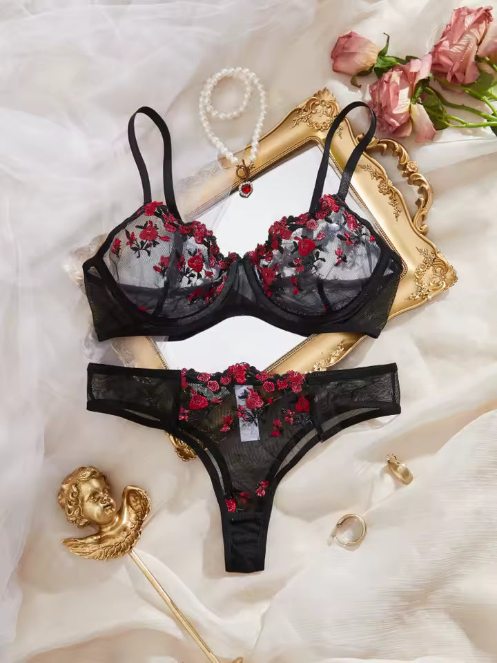 Casual Embroidery Flower Transparent Thong Set Thin Cup Underwear Bra