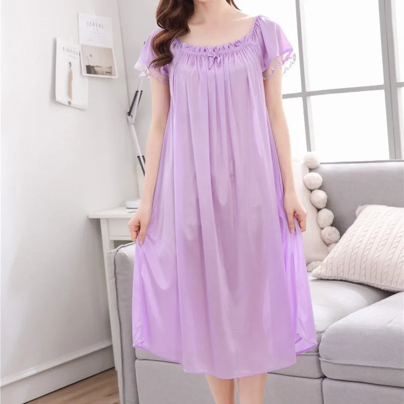 Casual Faux Ice Silk Medium Length Short Sleeve Nightdress