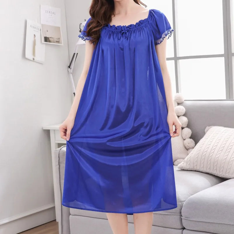 Casual Faux Ice Silk Medium Length Short Sleeve Nightdress