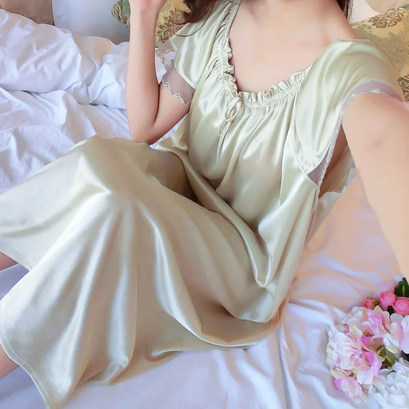 Casual Faux Ice Silk Medium Length Short Sleeve Nightdress