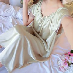 Casual Faux Ice Silk Medium Length Short Sleeve Nightdress