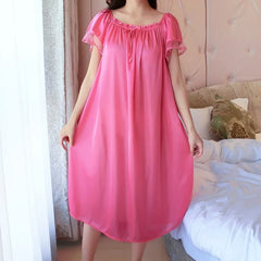 Casual Faux Ice Silk Medium Length Short Sleeve Nightdress
