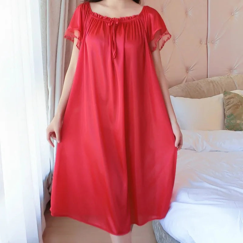 Casual Faux Ice Silk Medium Length Short Sleeve Nightdress