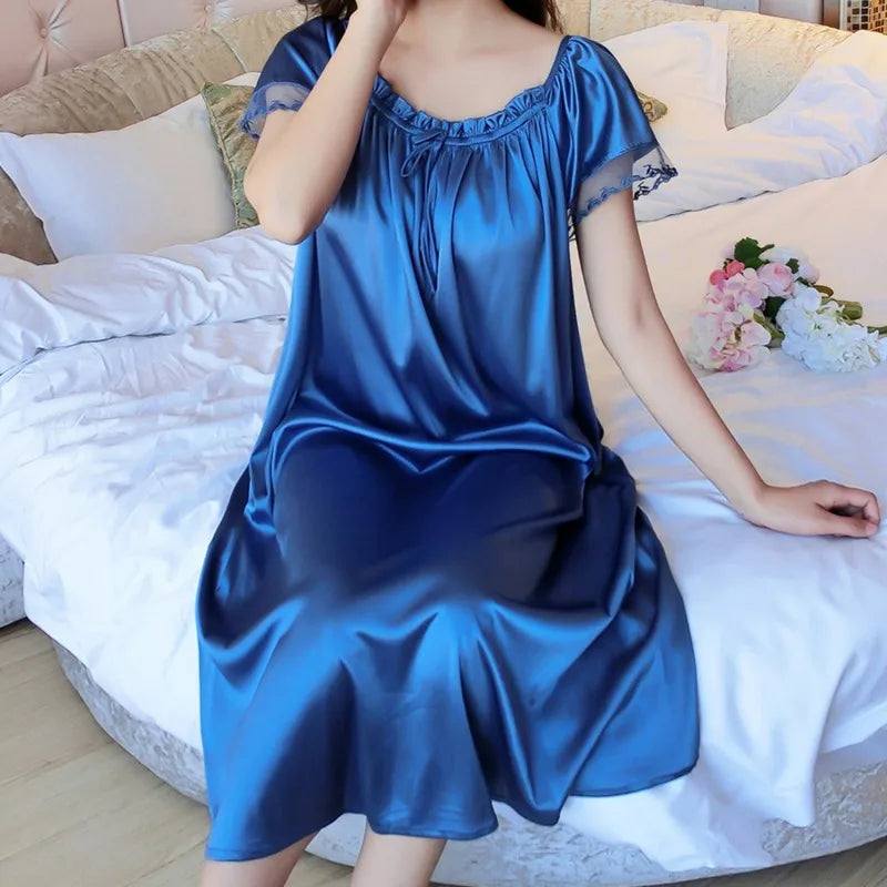 Casual Faux Ice Silk Medium Length Short Sleeve Nightdress