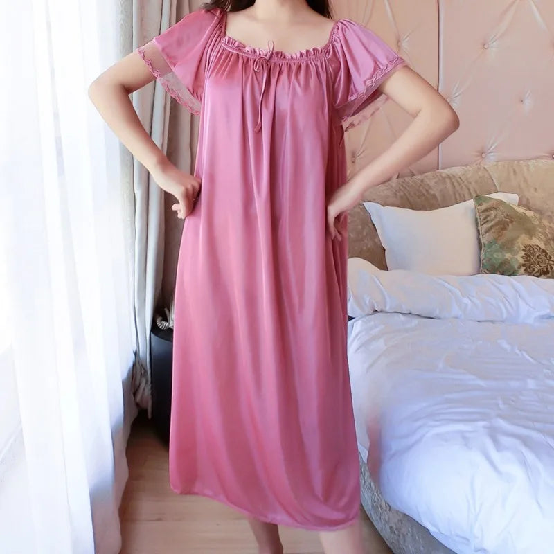 Casual Faux Ice Silk Medium Length Short Sleeve Nightdress
