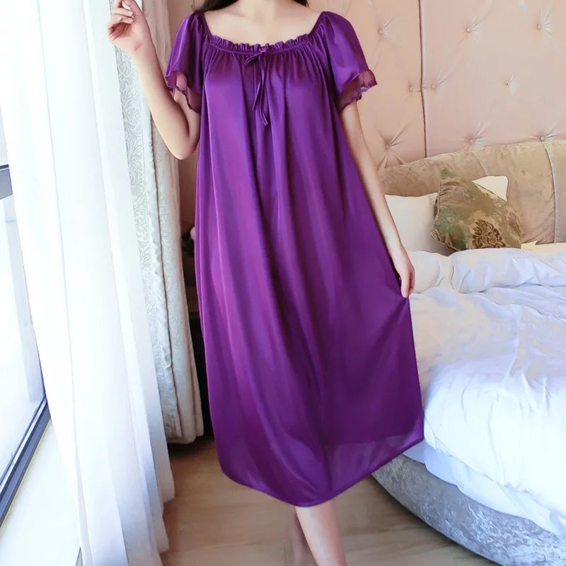 Casual Faux Ice Silk Medium Length Short Sleeve Nightdress