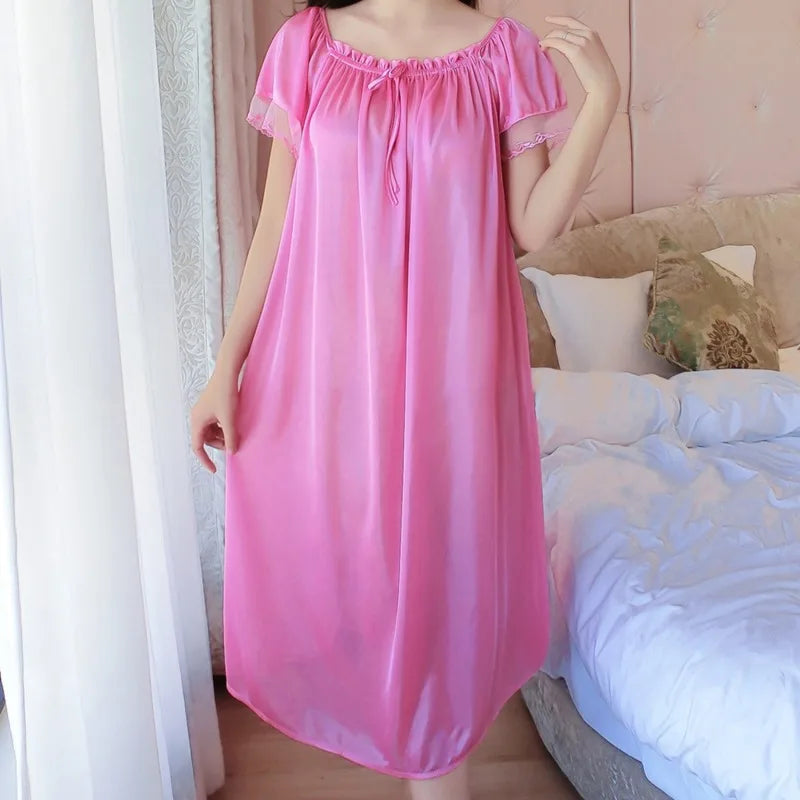 Casual Faux Ice Silk Medium Length Short Sleeve Nightdress