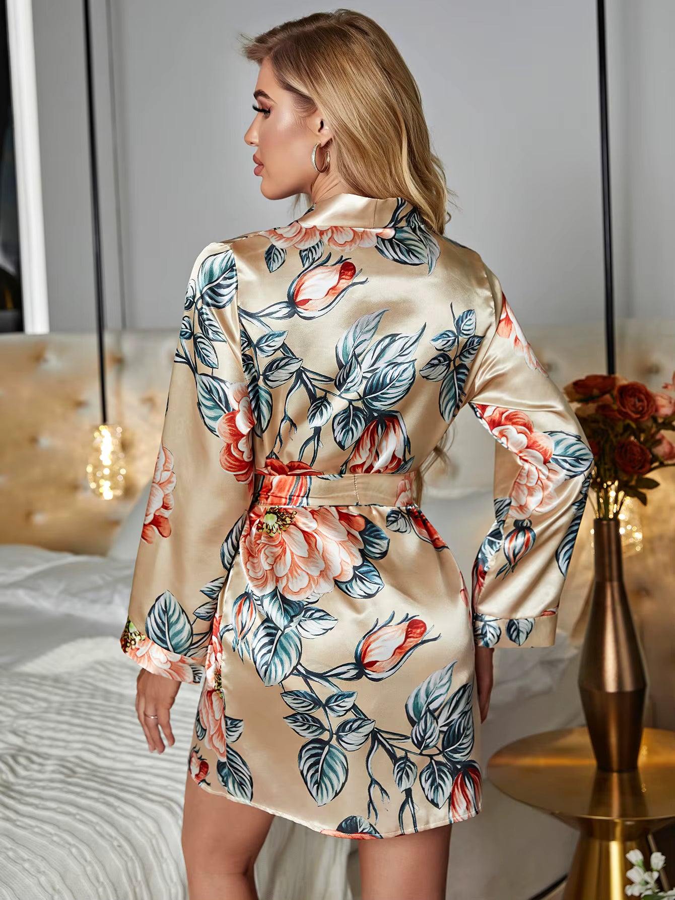 Casual Floral Print Lace Trim Satin Pajama Long Sleeve Robe Lace Camisole Top Comfortable Shorts Sleepwear
