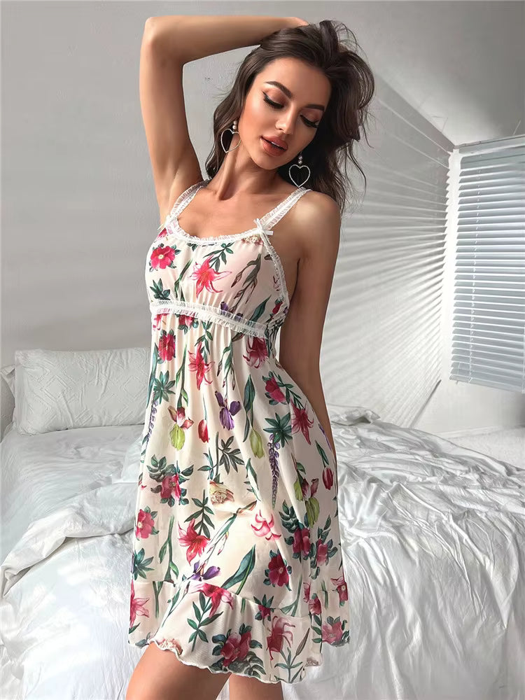 Casual Floral Print Sleepwear Mesh Ruffle Vintage Sleep Nightdress