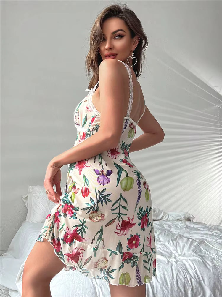 Casual Floral Print Sleepwear Mesh Ruffle Vintage Sleep Nightdress