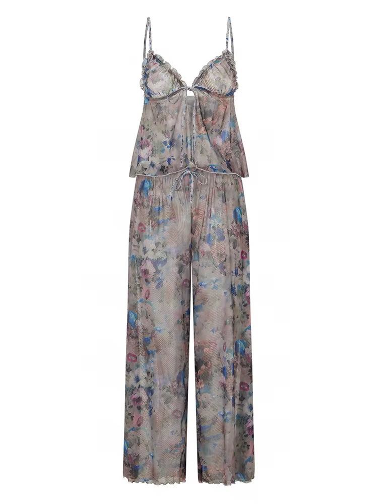 Casual Flowers Print Tie-up Backless Ruffles Camisoles Tops with Wide Leg Pants Sleepwear Loungewear