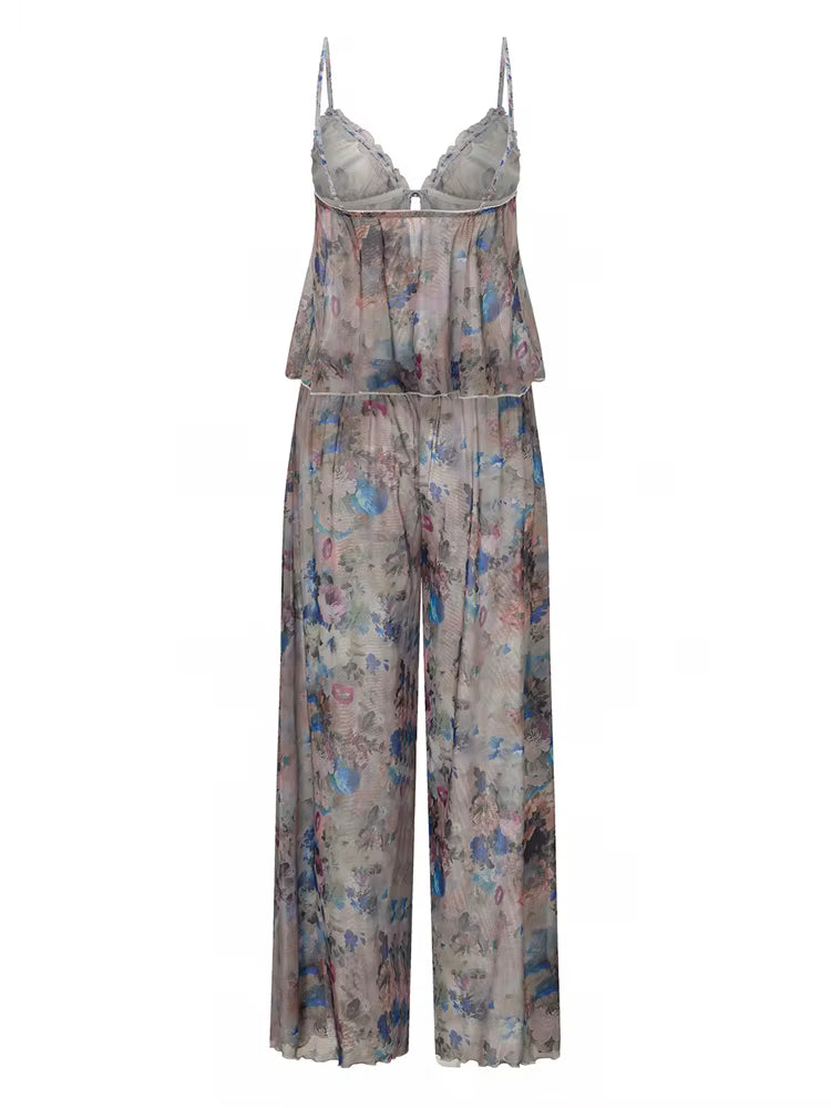 Casual Flowers Print Tie-up Backless Ruffles Camisoles Tops with Wide Leg Pants Sleepwear Loungewear