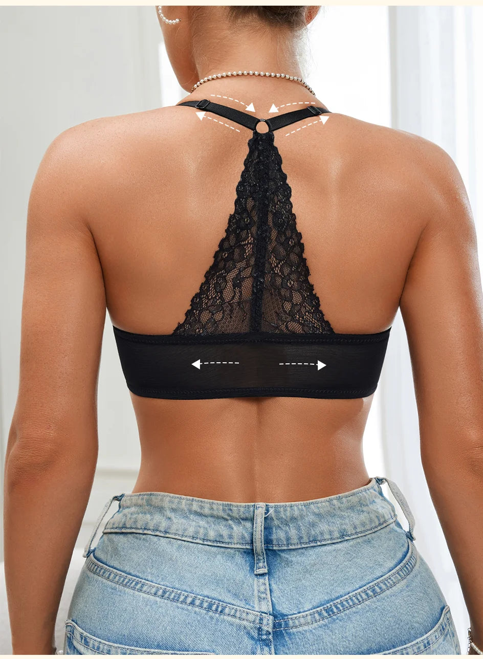 Casual Front Button Bra Lace Backless Ribbed Bras Push Up Lingerie