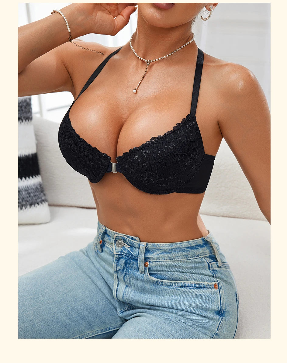 Casual Front Button Bra Lace Backless Ribbed Bras Push Up Lingerie