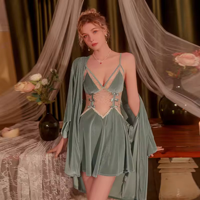Casual Gathers Low-Cut Lace-Up Robe Nightdress Suit
