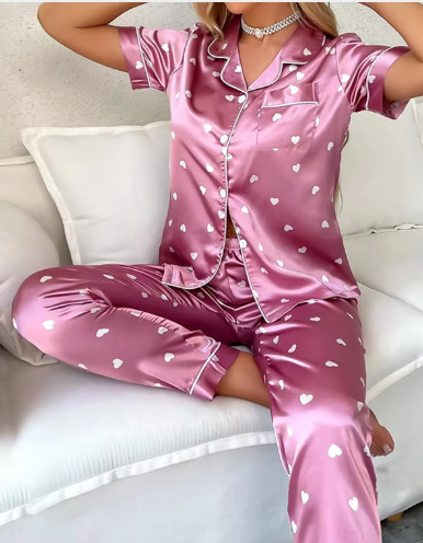 Casual Heart Printed Comfortable Pajamas Lapel Short Sleeved Top And Soft Sleepwear & Night Dress