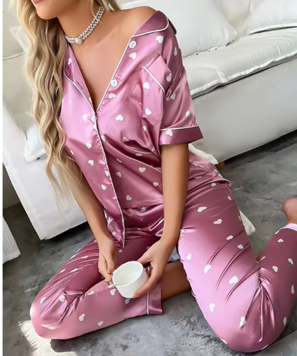 Casual Heart Printed Comfortable Pajamas Lapel Short Sleeved Top And Soft Sleepwear & Night Dress
