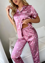 Casual Heart Printed Comfortable Pajamas Lapel Short Sleeved Top And Soft Sleepwear & Night Dress
