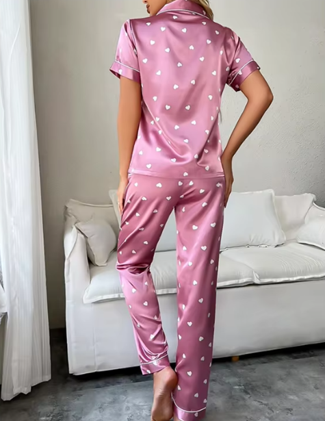 Casual Heart Printed Comfortable Pajamas Lapel Short Sleeved Top And Soft Sleepwear & Night Dress