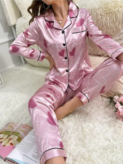 Casual Heart Printed Satin Long Sleeve Lapel Sleepwear Pajama Pants Home Nightwear