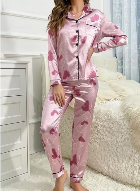 Casual Heart Printed Satin Long Sleeve Lapel Sleepwear Pajama Pants Home Nightwear