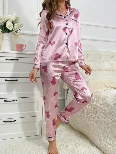 Casual Heart Printed Satin Long Sleeve Lapel Sleepwear Pajama Pants Home Nightwear