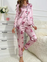 Casual Heart Printed Satin Long Sleeve Lapel Sleepwear Pajama Pants Home Nightwear