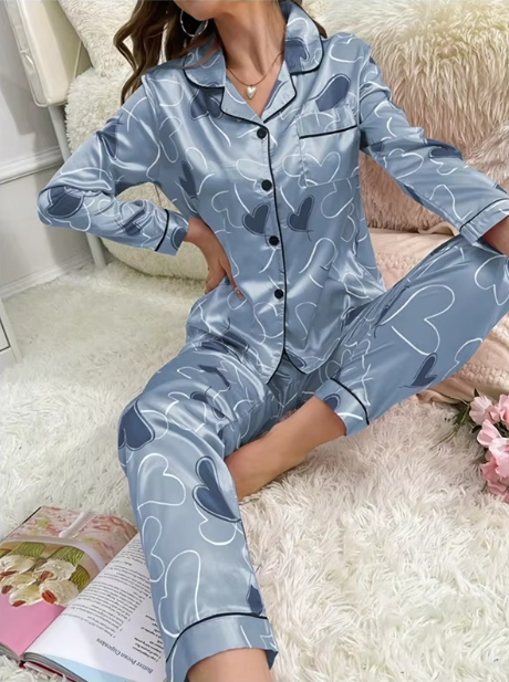 Casual Heart Printed Satin Long Sleeve Lapel Sleepwear Pajama Pants Home Nightwear