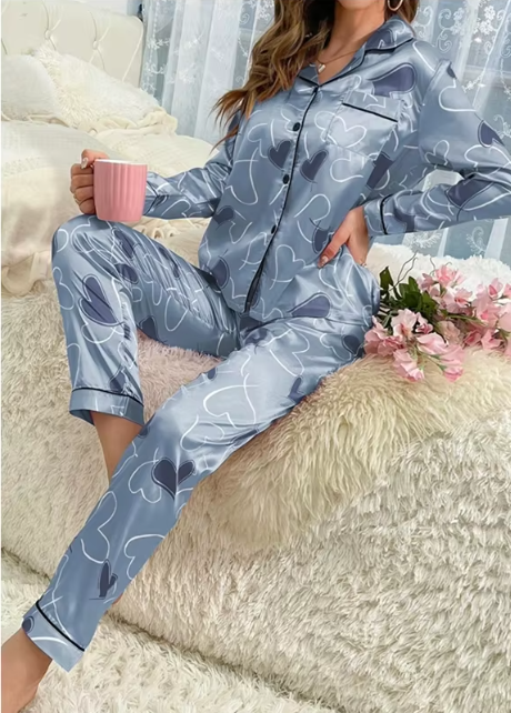 Casual Heart Printed Satin Long Sleeve Lapel Sleepwear Pajama Pants Home Nightwear