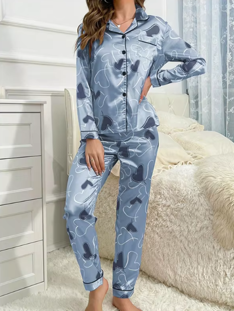 Casual Heart Printed Satin Long Sleeve Lapel Sleepwear Pajama Pants Home Nightwear