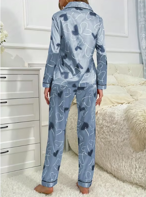 Casual Heart Printed Satin Long Sleeve Lapel Sleepwear Pajama Pants Home Nightwear