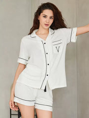 Casual Home Wear Turndown Collar Short Sleeves Polyester Night Dress
