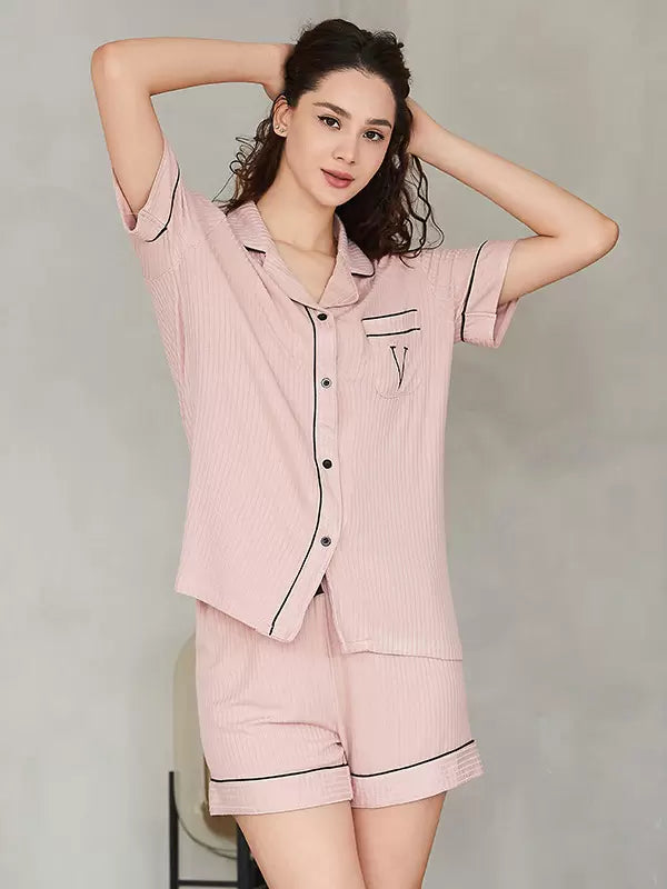 Casual Home Wear Turndown Collar Short Sleeves Polyester Night Dress