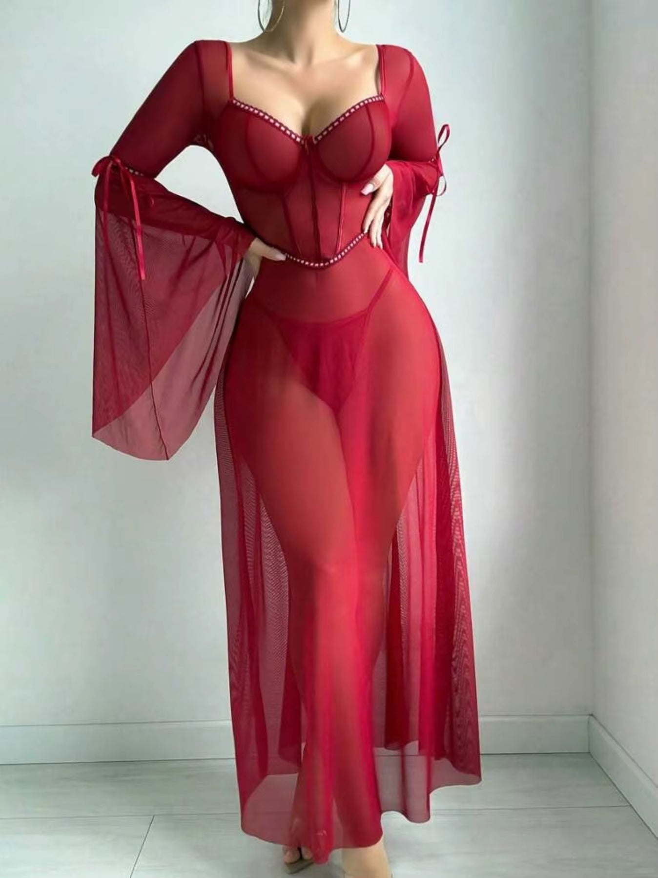 Casual Knitted Flare Sleeve See Throughout Night Dress Lingerie