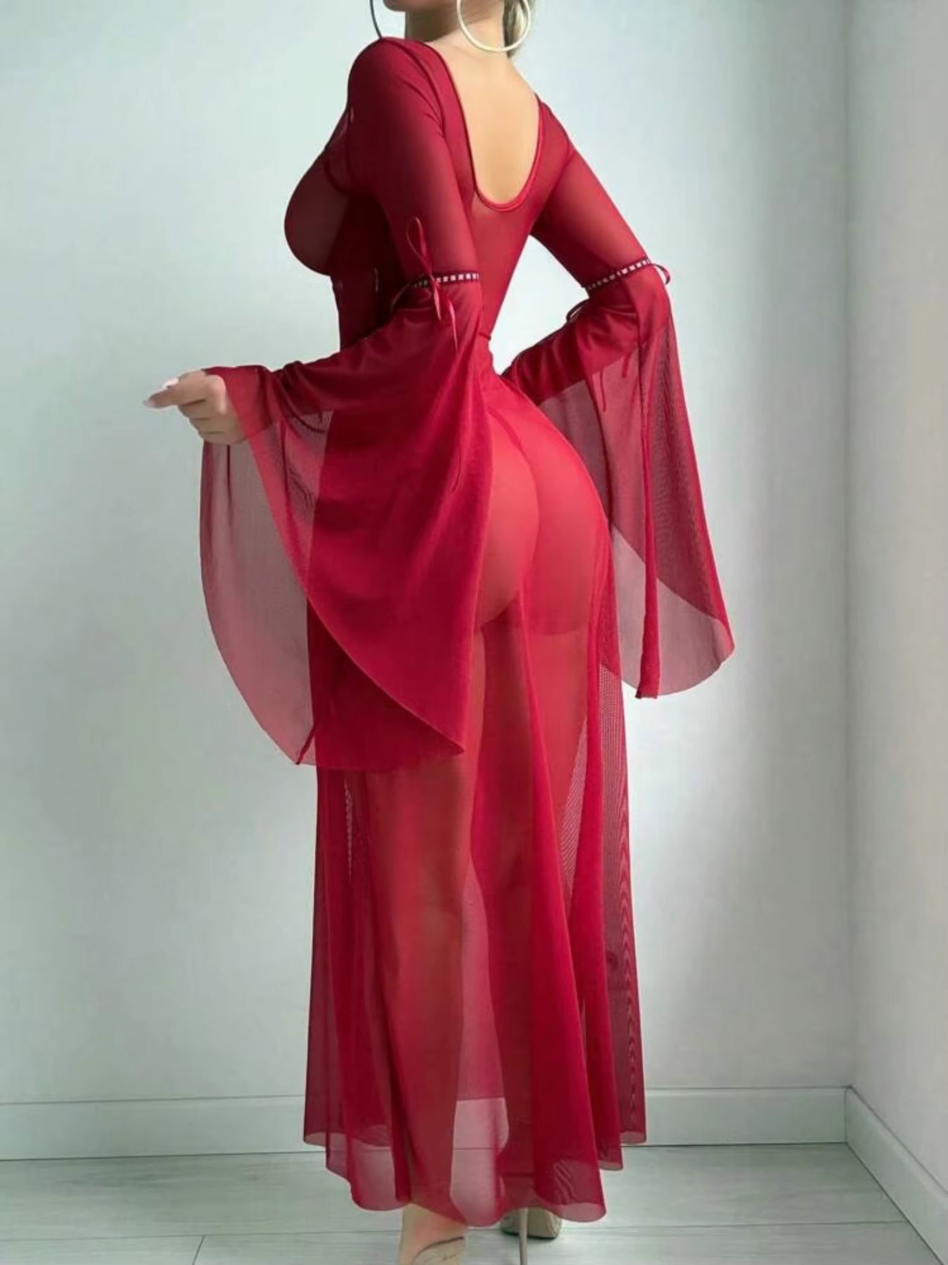 Casual Knitted Flare Sleeve See Throughout Night Dress Lingerie