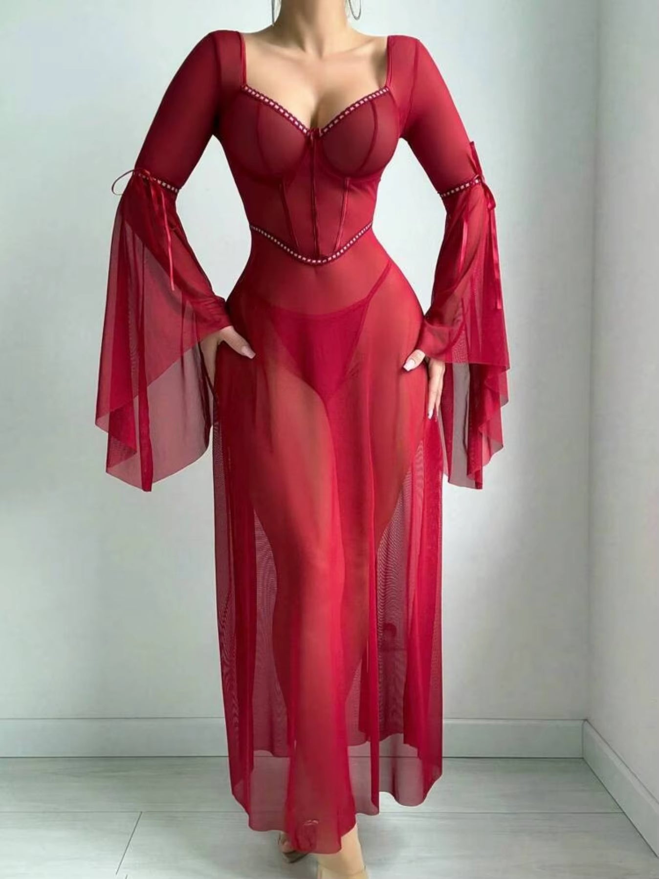 Casual Knitted Flare Sleeve See Throughout Night Dress Lingerie