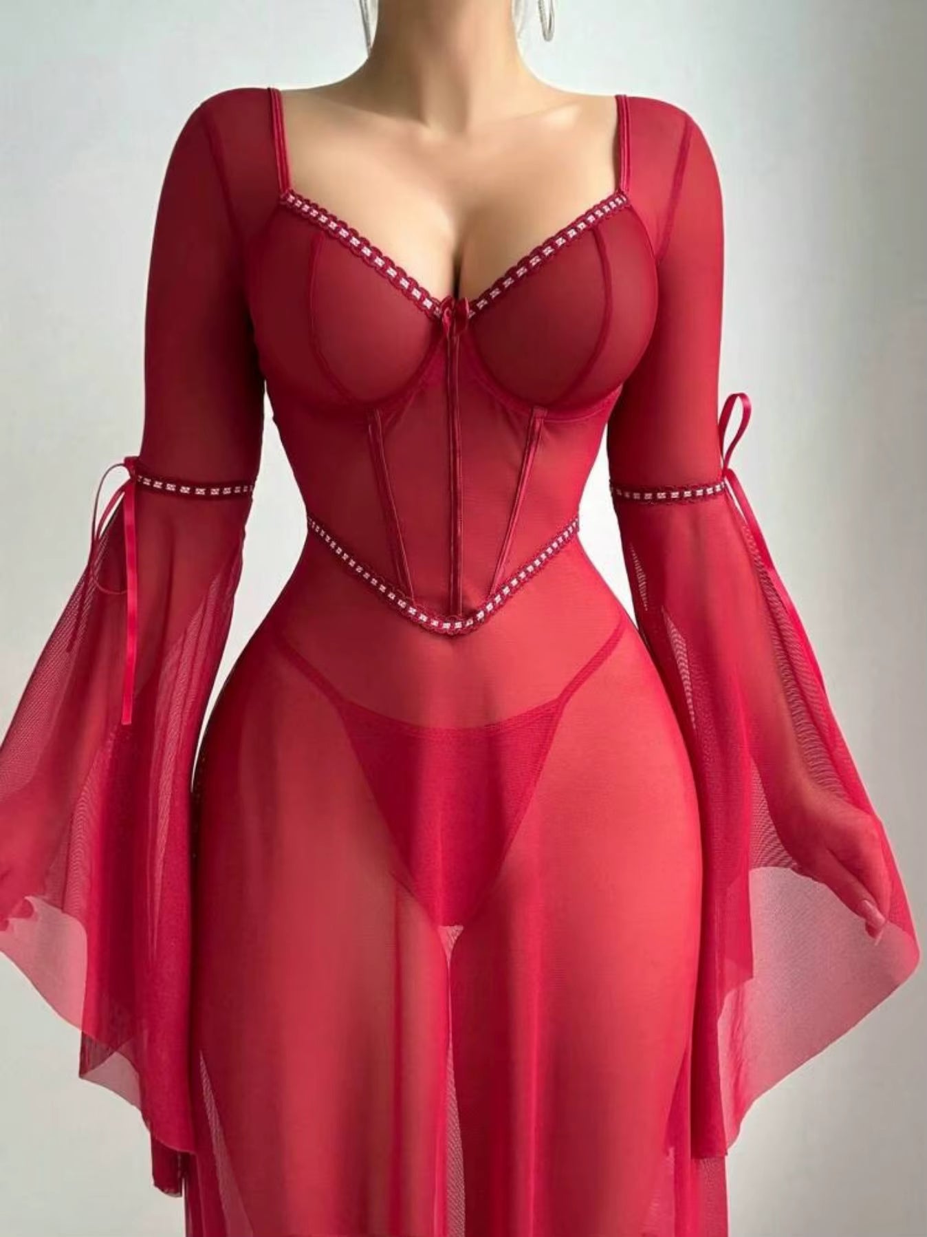 Casual Knitted Flare Sleeve See Throughout Night Dress Lingerie