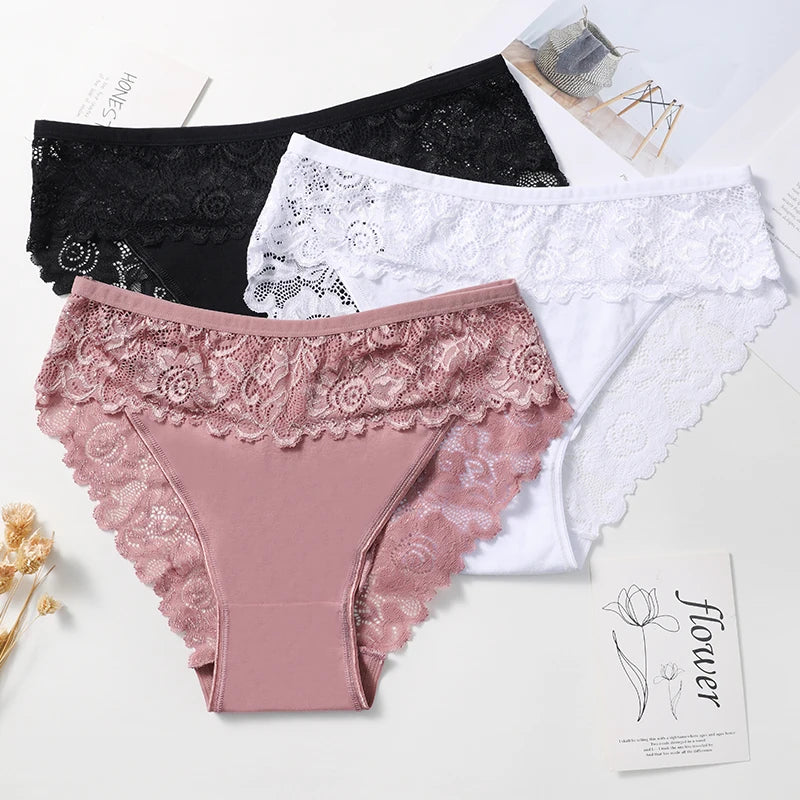 Casual Lace Cotton Patchwork Solid Color Floral Three PCS Set Panties