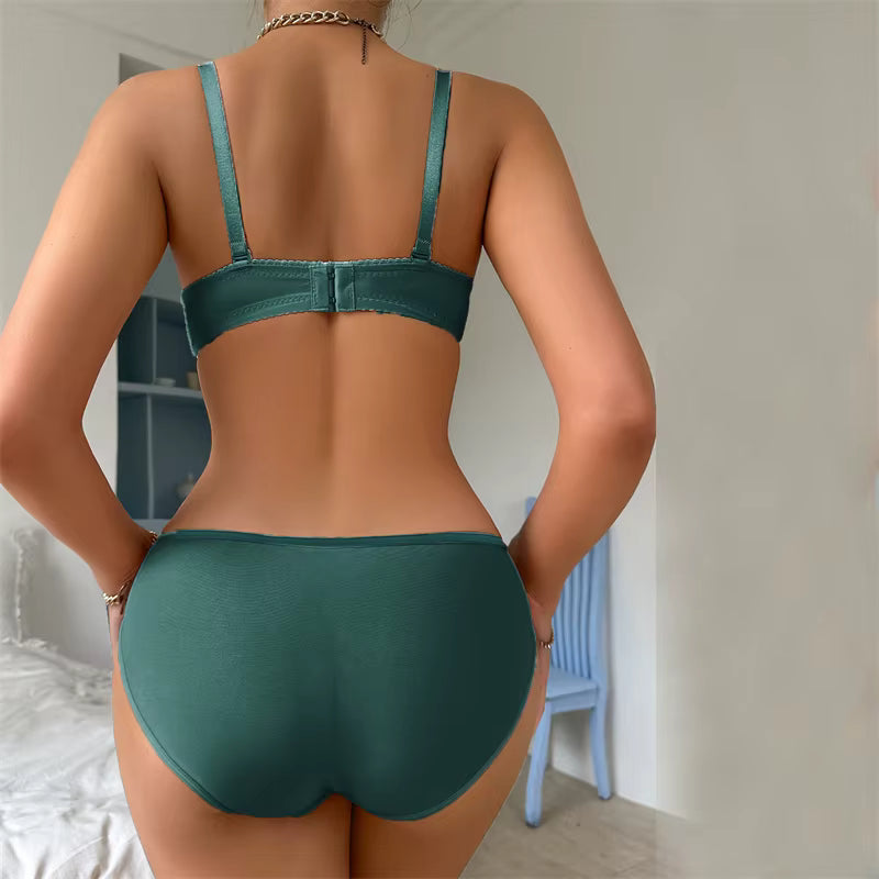 Casual Lace Floral Embroidery Lingerie Outfits Stain Bow V-Neck Low Waist Thongs Babydoll Sleepwear Bra Brief Sets