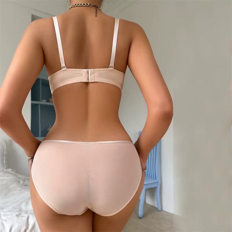 Casual Lace Floral Embroidery Lingerie Outfits Stain Bow V-Neck Low Waist Thongs Babydoll Sleepwear Bra Brief Sets