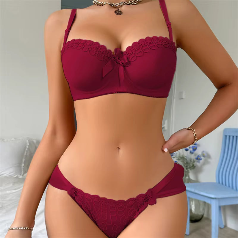 Casual Lace Floral Embroidery Lingerie Outfits Stain Bow V-Neck Low Waist Thongs Babydoll Sleepwear Bra Brief Sets
