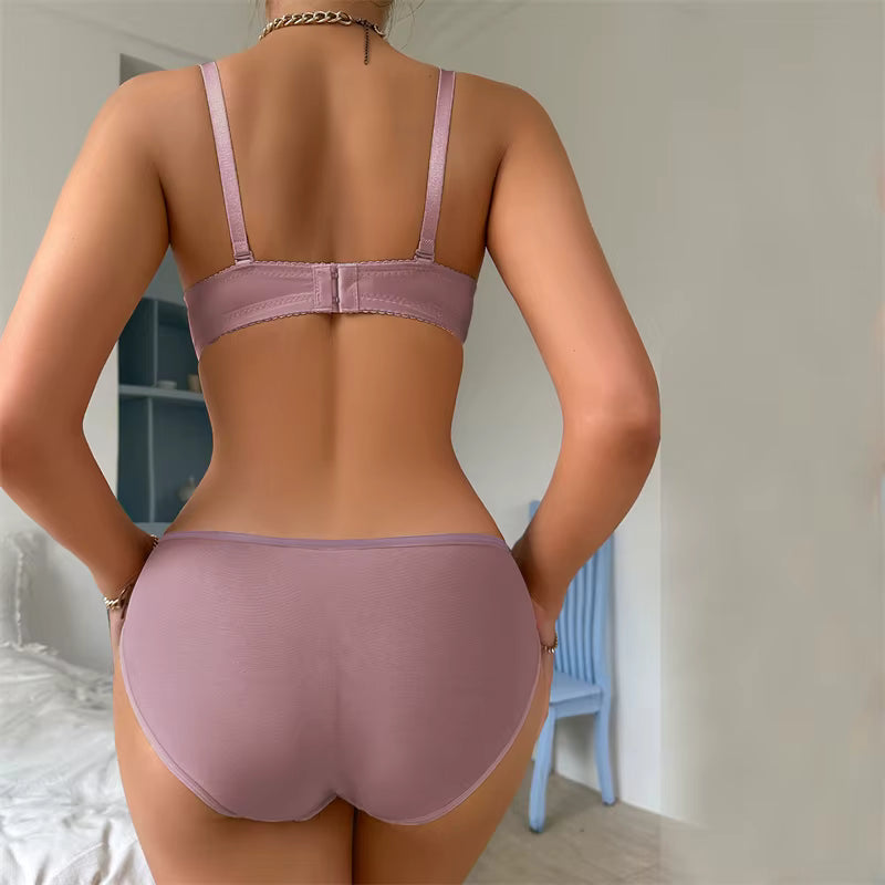 Casual Lace Floral Embroidery Lingerie Outfits Stain Bow V-Neck Low Waist Thongs Babydoll Sleepwear Bra Brief Sets