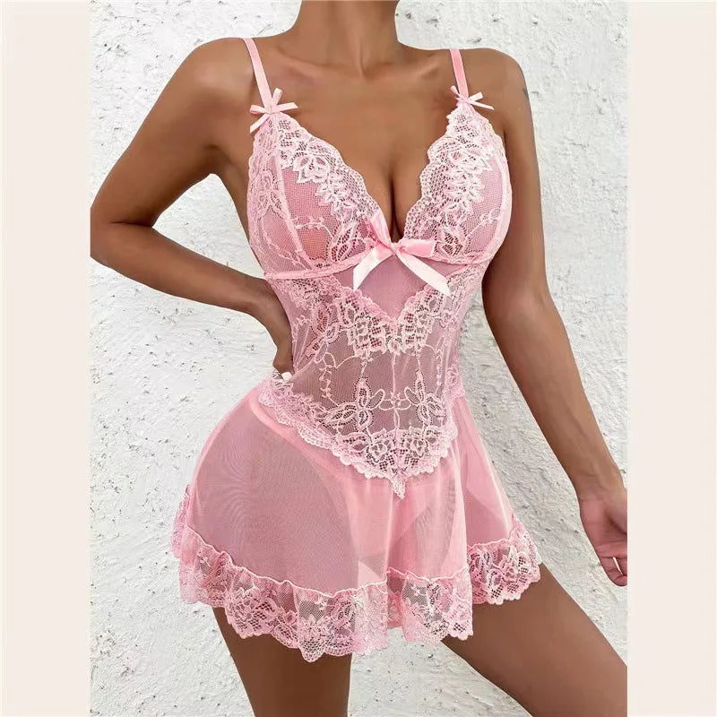 Casual Lace Hollow Bra Set Erotic Costumes Teddy Baby Deep V Open Dress