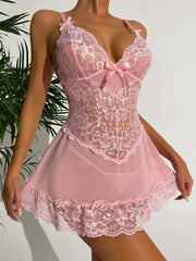 Casual Lace Hollow Bra Set Erotic Costumes Teddy Baby Deep V Open Dress