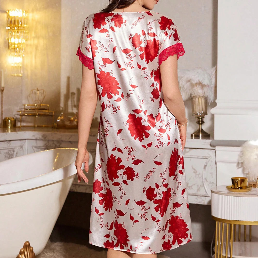Casual Lace Satin Floral Print Short Sleeved Nightgown