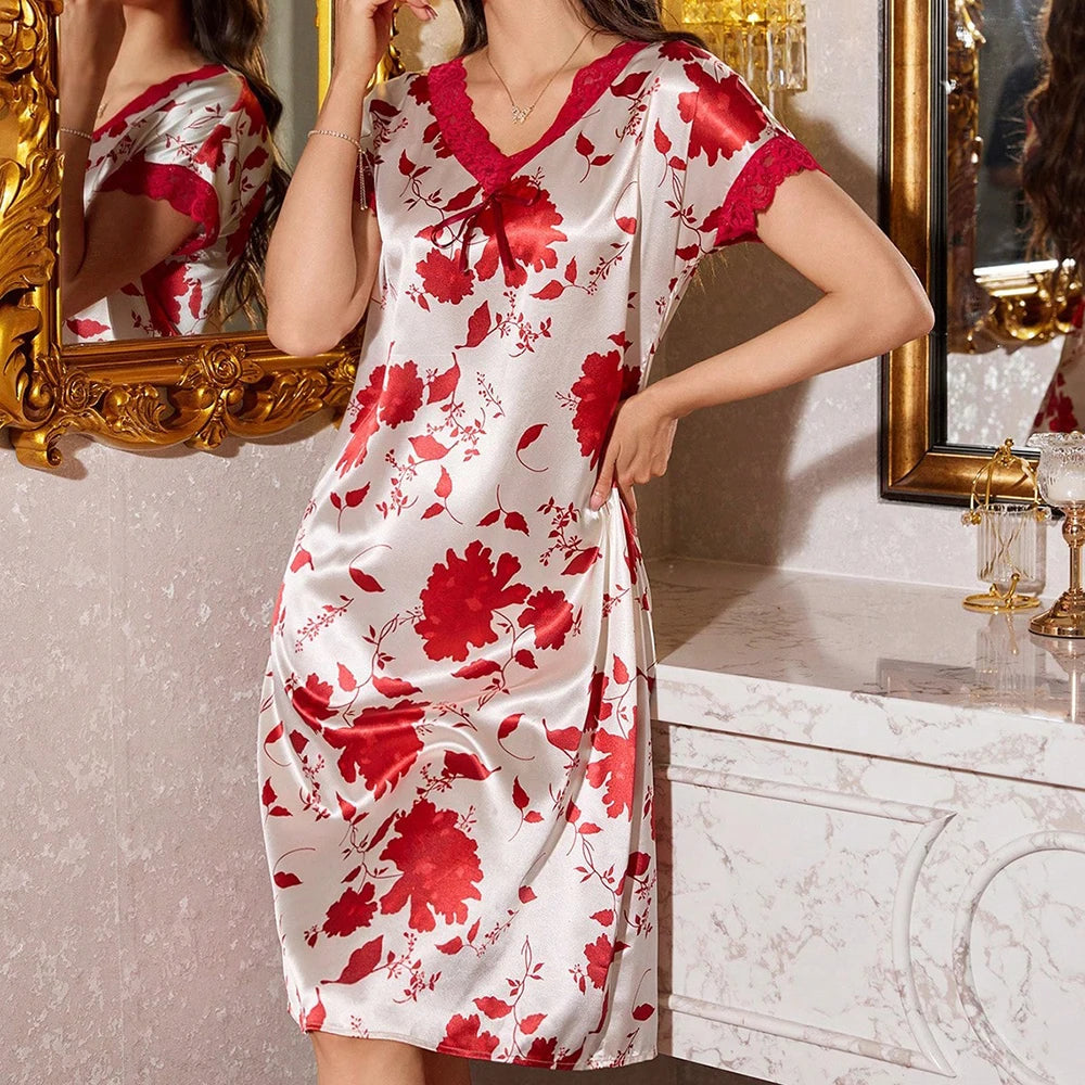 Casual Lace Satin Floral Print Short Sleeved Nightgown