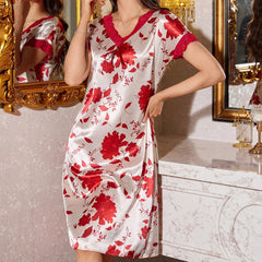 Casual Lace Satin Floral Print Short Sleeved Nightgown
