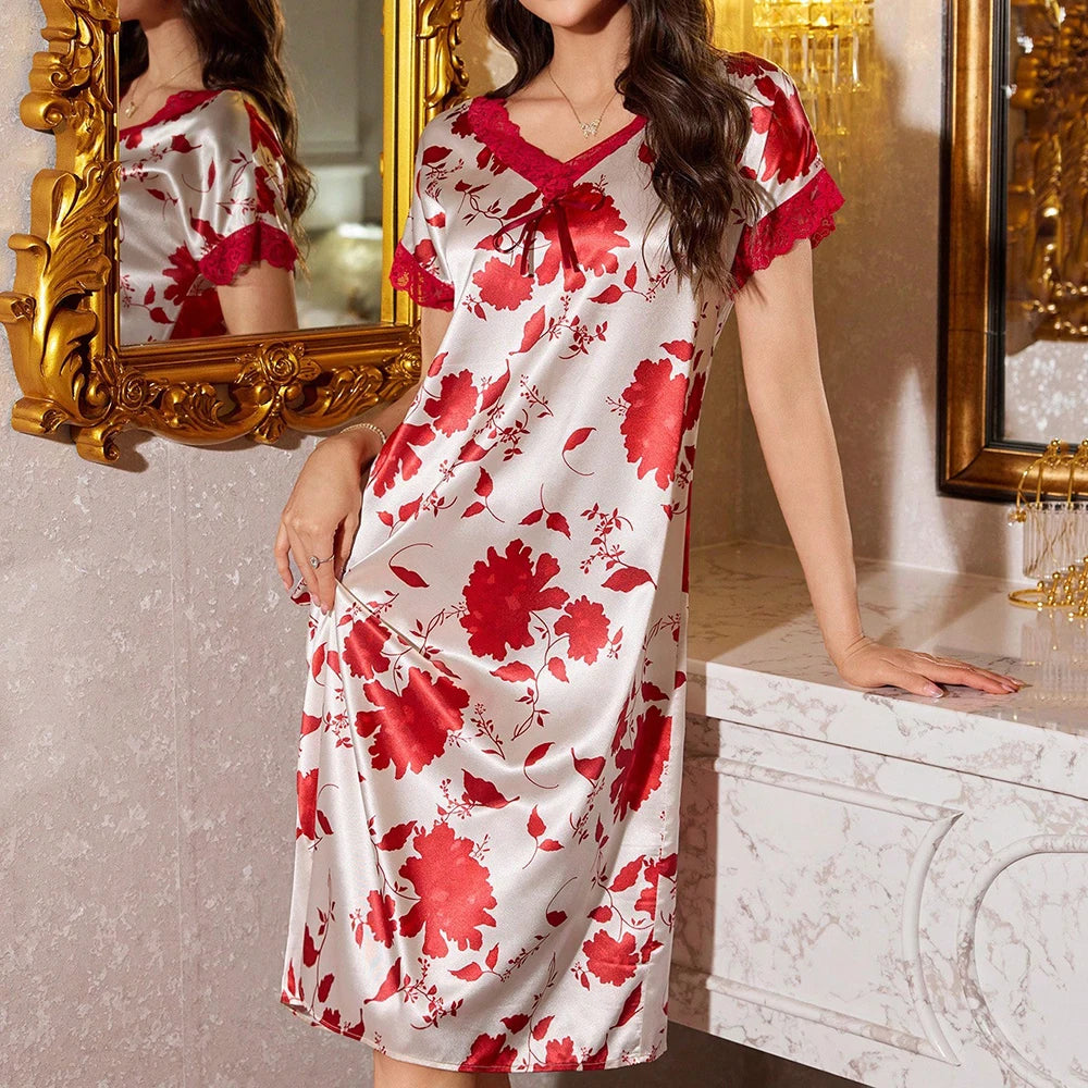 Casual Lace Satin Floral Print Short Sleeved Nightgown