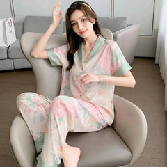 Casual Lapel Trousers Sleepwear Short Sleeve Long Loose Two -PCS Set